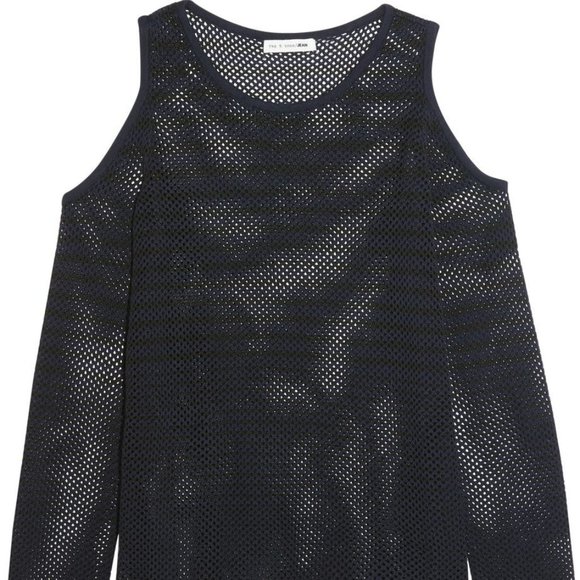 NWT rag & bone Black/Navy Brenna Striped Mesh Cold Shoulder Top Size S - Picture 2 of 5